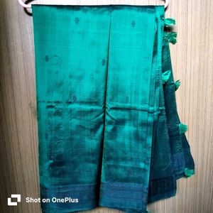 Pure silk black thread work border teal green sare