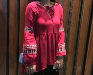 Red Peasant Blouse with Embroidered Sleeves