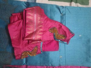 Pink &amp; Blue Saree And (Stitched Embroidery Blouse