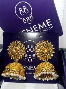 Gold Jhumka Earrings with Pearl Detail
