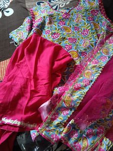 Floral Print Salwar Kameez with Pink Dupatta