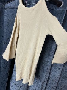 Cream Ribbed Bell Sleeve Top