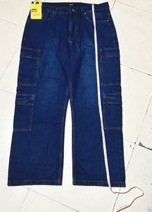 Men&#39;s Indigo Blue Washed Straight Fit CargoJeans