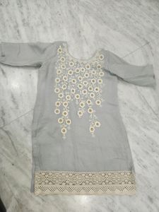 Grey Short Kurta Suit With Embroidery And Pearl Wo