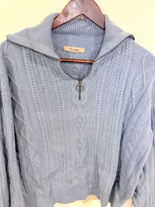 Blue Quarter Zip Knit Oversized Sweater