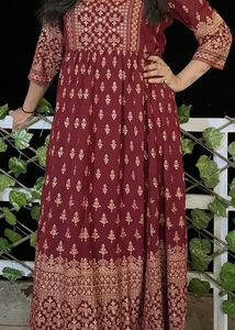 Maroon Printed Semi Gown