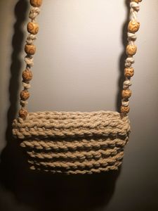 Hand Made Macrame Thread Off-white With Beads Handle Sling Bag