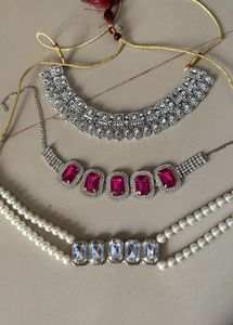 Necklace Set - Silver, Pink, and Pearl Moti🦋🩷