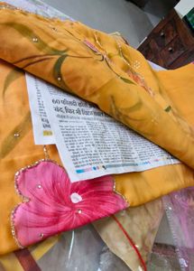 Mango Yellow Paint Colored Saree With Blouse. (New