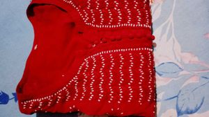Red  Chikenkari Embroidered Kurta With Free Saree