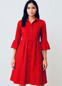 COTTINFAB Red Checked Shirt Dress