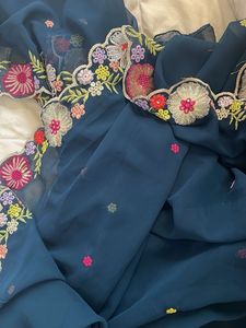 Floral Embroidered Navy Blue Saree