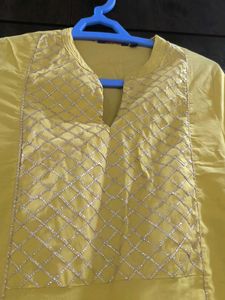 Yellow Kurti With Golden Lace Detailing
