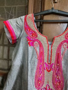 Grey Kurti with Pink And Red Embroidery