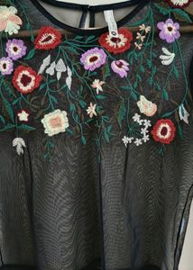Black Floral Embroidered Mesh  Top