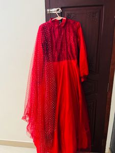 red colour flared dress with shall