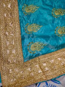 Elegant Blue Embroidered Saree New Without Tag