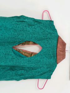 Collar neck Turquoise Kurta With Red Velvet Border