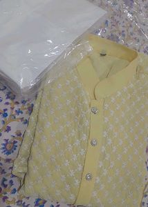 Yellow Embroidered Kurta Set For Boys