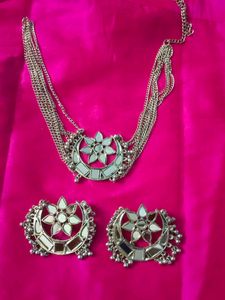 Oxidised Silver Mirror Choker And Earrings