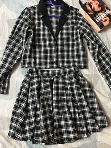Collar Plaid Crop Blazer And Skater Skirt Set