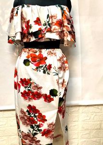 Floral Off Shoulder Cord Set With Pencil Skirt