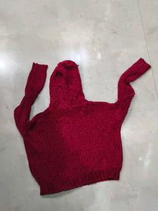 Red crop Knit Hoodie