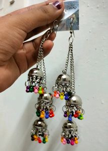 Triple Layered Multi Colour Long Jhumka Earrings