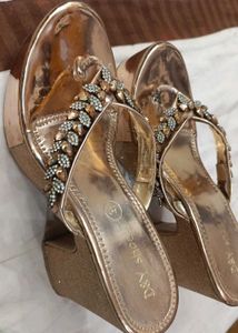 Embellished Rhinestones Metallic Finish Gold Heels