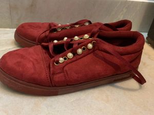 Maroon Velvet With Pearl Design Shoes