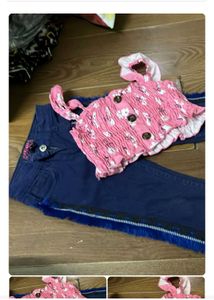 Cute Pink Floral Top & Fringed Jeans Set