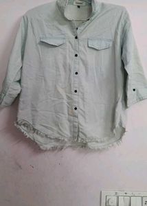 Denim Shirt with Frayed Hem,used