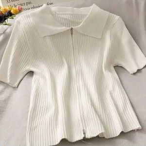 White Knit Zip-Up Polo