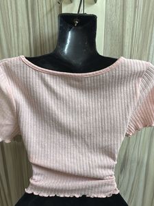 Pink Ribbed Tie Front Top