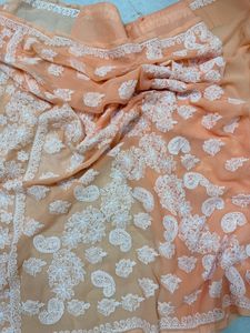 Peach Lukhnowi ChikanKari Saree