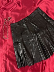 Pleated Black Leather Skirt