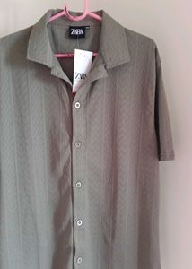 Zara Olive Green Patterned Button-Down Shirt
