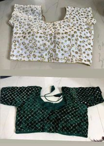Embroidered White And Green Velvet Blouse