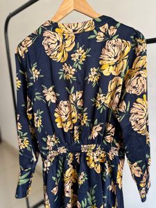 Yellow Bluish Floral Print Drop Waist Midi Dress