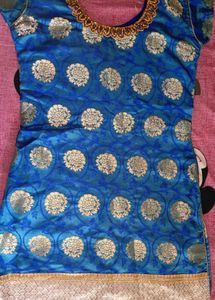 Blue And Gold Salwar Set With Net  Dupatta