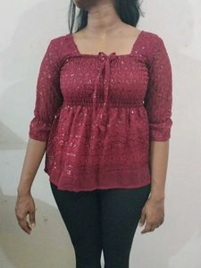NEGOTIABLE Burgundy Sequin Lace Top