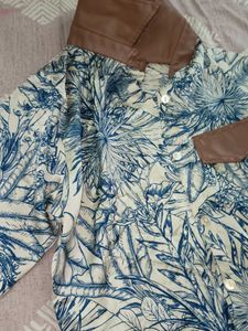 Leather Collar Short Sleeve Crop Shirt