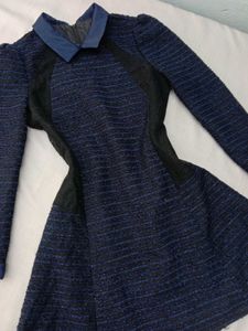 New Korean Puff Sleeves Navy Blue Dress