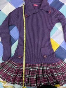 Purple Knit Dress with Plaid Skirt