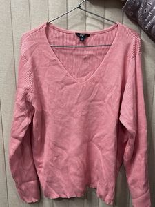 Pink Ribbed V-Neck Sweater