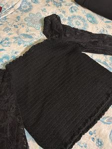 Midnight Muse Black Crop Top – Sheer Net Long Sle