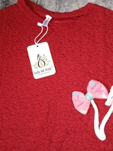Red Textured Tee with Bow Detail