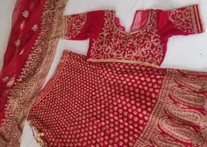 Unstitched Red &amp; Gold Embroidered Lehenga