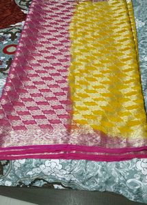 Yellow And Pink Sari Without Blouse