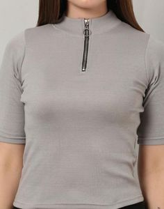 Grey-green Ribbed Zip-Up Top